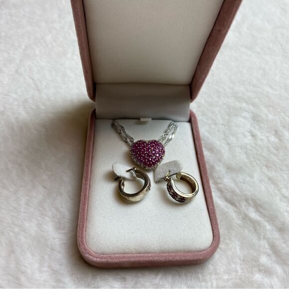 Avon Vintage Sterling Silver Ruby Heart Necklace with Earrings In Original Box - Picture 1 of 13